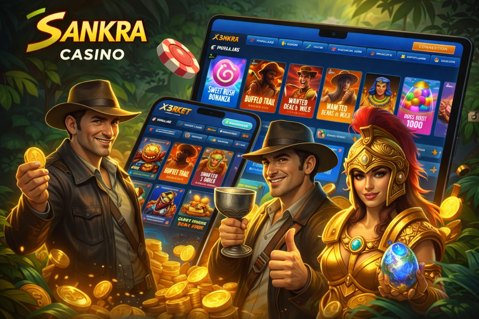 Mobile casino app featuring slot games and treasure theme
